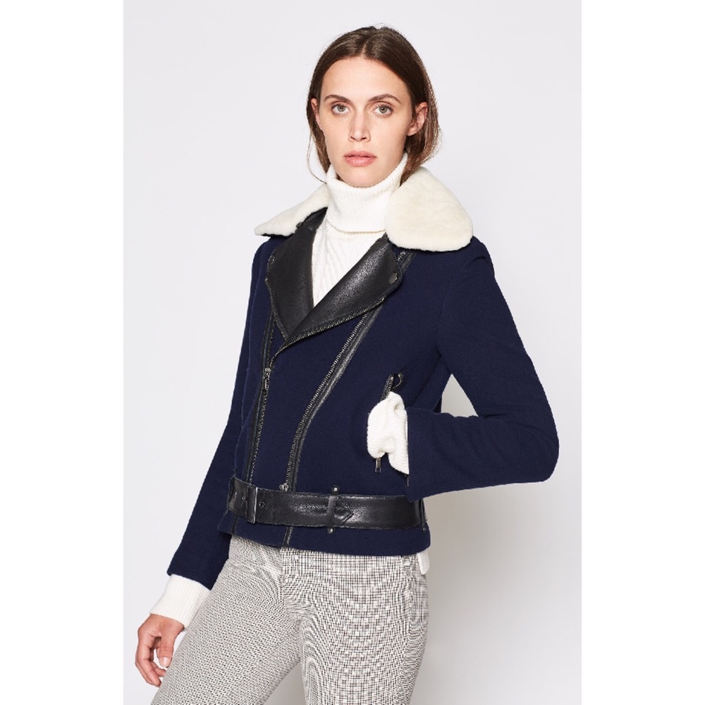 NWT JOIE FAYANA WOOL- LEATHER COZY NAVY MOTO JACKET - Picture 11 of 13